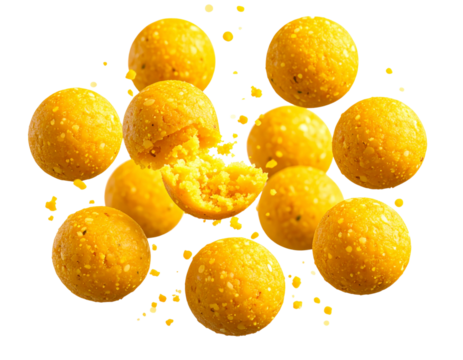 Floating Besan Laddus in Circular Motion with Light Glow and Crumb Trail, Stylized Sweet Icon, Transparent Background. - Powered by Adobe