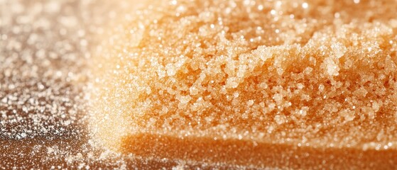 Golden porous candy surface covered with shiny sugar crystals. Macro detail of a sweet treat with a glittering light effect on a brown surface.