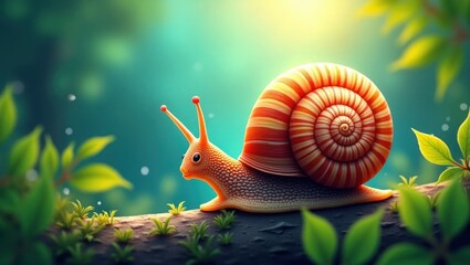 Snail on branch, vibrant colors, nature