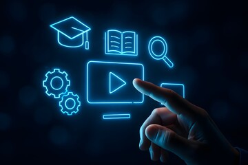 Digital learning and online education concepts with glowing neon icons