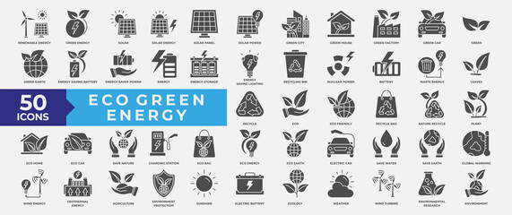 Eco Green Energy icons set collection. Containing pollution, ecology, green, eco, renewable, recycle, energy, nature, sustainable, leaves, power and plant icon. Simple solid Vector Illustration.