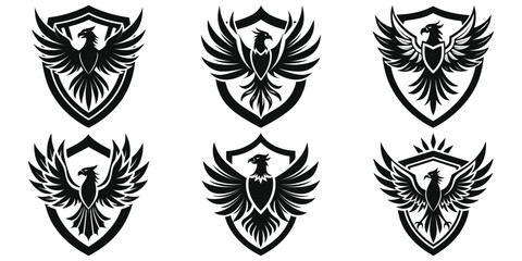 Pheonix Shield Emblems Black and White Vector Illustration