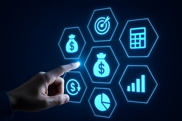 Hand touching glowing financial icons representing business growth and success