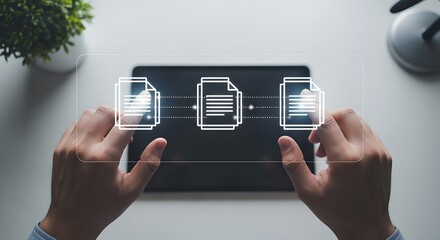 Hands interacting with a digital interface showing document transfer between two icons representing data exchange and information sharing