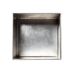 Empty Metal Pan: A close-up shot captures a simple, industrial metal square pan. The pan is clean and appears empty, ready for its next use.