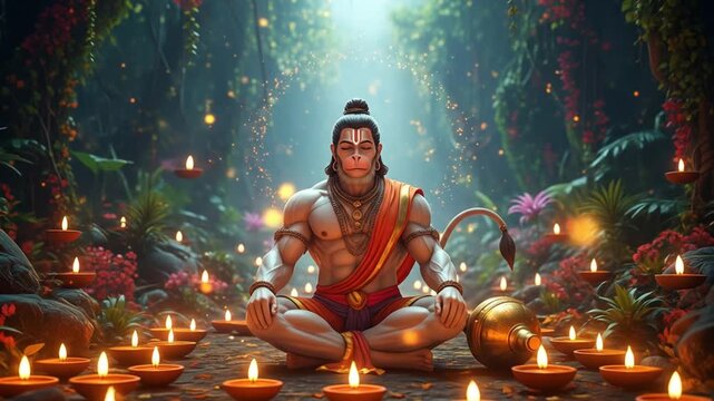 Hanuman's serene meditation amidst flickering lamps in a mythical forest haven