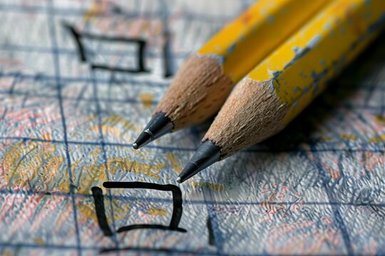 Short yellow pencils marking squares on a map, symbolizing travel planning and route mapping