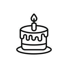 Simple line art icon of a birthday cake with a single lit candle isolated on white background