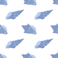 Seamless pattern with blue seashells on white background. For summer textiles and beach designs.