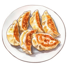 Fried Gyoza on plate illustration watercolor dumplings, Watercolor depiction of fried gyoza on a plate, isolated on transparent background