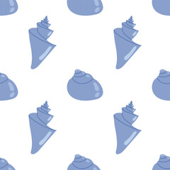 Seamless pattern with blue sea shells on white background. For summer textiles and beach designs, summer