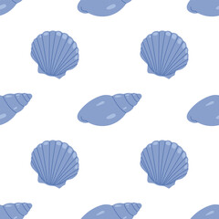 Seamless pattern with blue seashells on white background. For summer textiles and beach designs, summer, ocean.