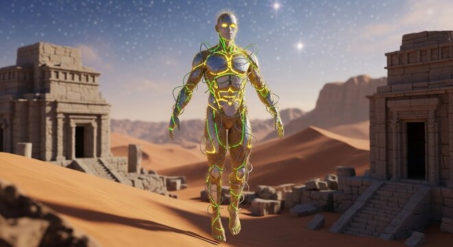 Glowing humanoid figure in desert landscape with ancient ruins under starry sky