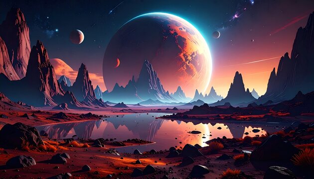 Alien landscape with a giant planet - Powered by Adobe