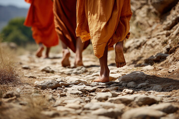  Devotional image of Kanwariyas walking barefoot during the Kanwar Yatra with side space for branding.
