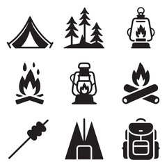Vector art of a collection of camping icons, representing the joys of outdoor exploration and wilderness adventures, isolated on white background