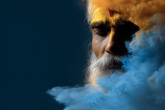  Abstract spiritual rendering of Bhole Baba&rsquo;s divine presence in Ganga waters with saffron-blue energy and copy space.
