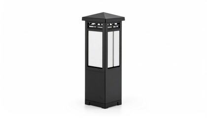 sustainable energy A sleek, black traditional phone booth featuring a pyramid roof and glass windows, designed for urban environments.