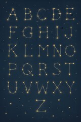 Night Sky Alphabet Nursery Poster – Gold and Silver Constellation Letters on Navy Blue Background for Kids Room Decor