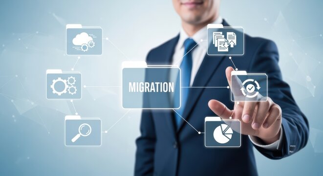Businessman touching virtual folders representing data migration and digital transformation process.