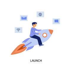 man flying on a rocket, around the icon of online promotion, internet, messages. Concept of launching and promoting a business