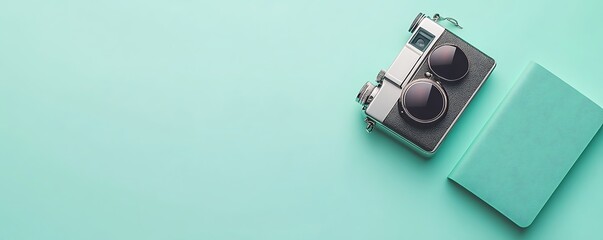 Camera, Sunglasses and Notebook on Turquoise Background for Travel and Vacation Planning