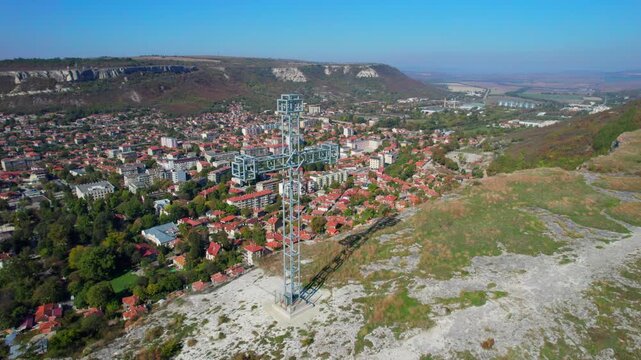 Large metal cross overlooking Provadia, Bulgaria