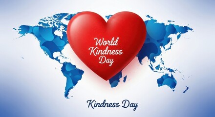 A vibrant red heart symbolizing kindness rests upon a stylized world map, promoting global compassion and world kindness day