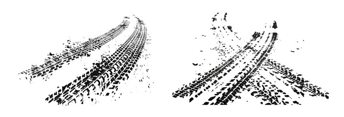 Traces of car, motorcycle tread. Curved realistic traces of tires of wheels from different types of tread vector png. Car wheels on disks.  © Iryna