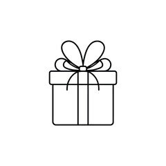 Simple black line drawing of a gift box with a bow isolated on a white background