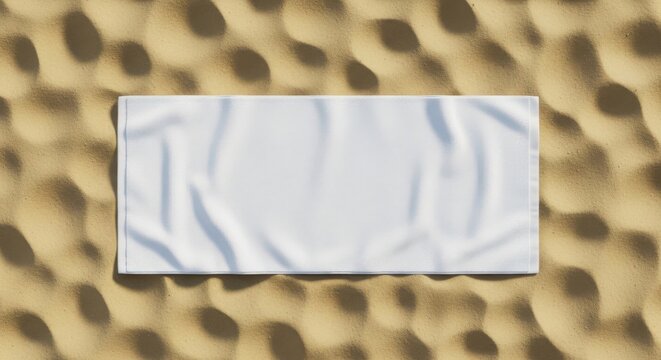 A clean white beach towel lies spread out on textured sand, ready for summer relaxation and vacation activities