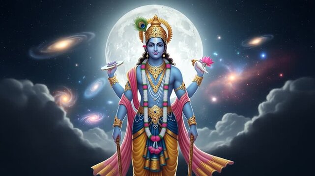Divine presence of Vishnu, cosmic deity amidst galaxies, emanating peace and spirituality in
