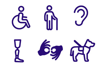 Inclusive people icons showing disability representation: assistive tech, mobility and service dog. Flat purple icon set.