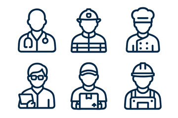 Minimalist people icons in navy blue showing professionals: doctor, chef, builder, teacher. Flat, clean vector.