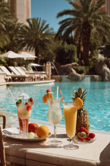 vibrant scene of top  famous cocktails beautifully arranged by sparkling poolside