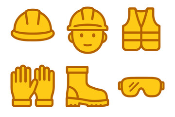 Construction worker equipment icons: safety helmet, vest, gloves, and boots. Yellow theme, flat vector design.