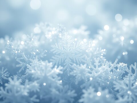 Delicate ice crystal formations create a beautiful and ethereal winter scene with sparkling blurred bokeh effects