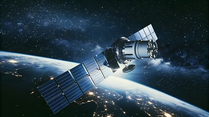 High-Tech Satellite in Low Earth Orbit Over City Lights at Night