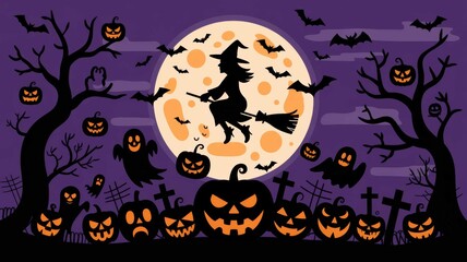 Spooky halloween scene with witch flying past full moon and jack o lanterns