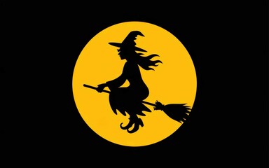 Silhouette of a witch flying on a broomstick against a large yellow moon
