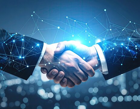 Business handshake overlaid with digital network