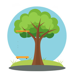 Green tree with orange swing and clouds brown