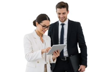 Office Employees Using a Tablet in Formal Attire: Man and Woman Collaborating, isolated on a Transparent Background (PNG).