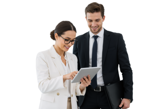 Office Employees Using a Tablet in Formal Attire: Man and Woman Collaborating, isolated on a Transparent Background (PNG).