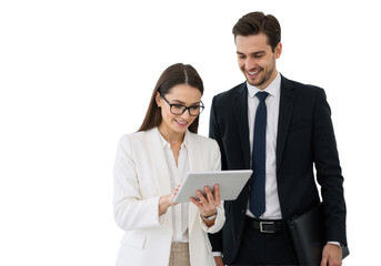 Office Employees Using a Tablet in Formal Attire: Man and Woman Collaborating, isolated on a Transparent Background (PNG).
