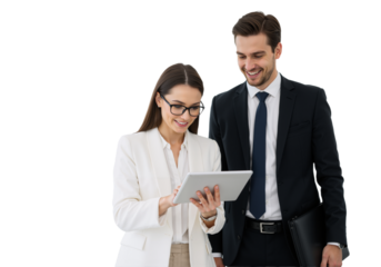 Office Employees Using a Tablet in Formal Attire: Man and Woman Collaborating, isolated on a Transparent Background (PNG).