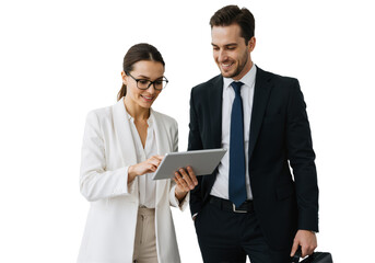 Office Employees Using a Tablet in Formal Attire: Man and Woman Collaborating, isolated on a Transparent Background (PNG).
