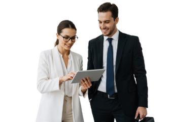 Office Employees Using a Tablet in Formal Attire: Man and Woman Collaborating, isolated on a Transparent Background (PNG).
