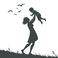 Mother Lifting Baby Outdoor Happiness Silhouette Vector Illustration
