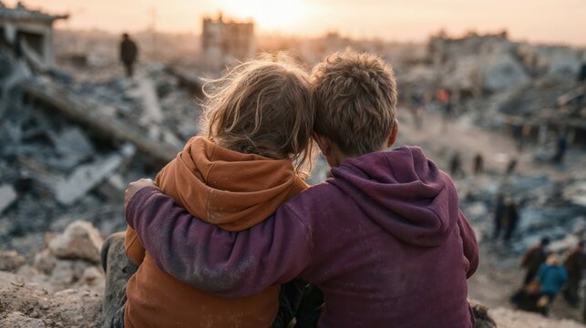 Children hugging in a war-torn landscape with destroyed buildings.